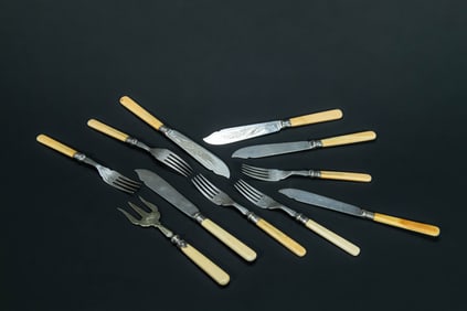 Group of 11 Vintage Silver Plated Knives & Forks w/ Sterling Silver & Bone Handle