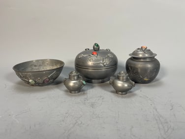 Group of 5 Antique Chinese Export Pewter Jars with Multi Gemstones Inlay