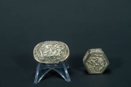 Two Antique Chinese Export Silver Metal Snuff/ Medicine Boxes