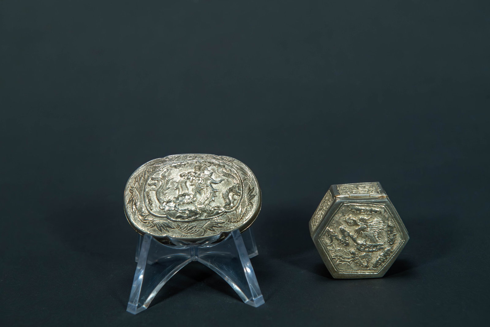 Two Antique Chinese Export Silver Metal Snuff/ Medicine Boxes (1 of 9)