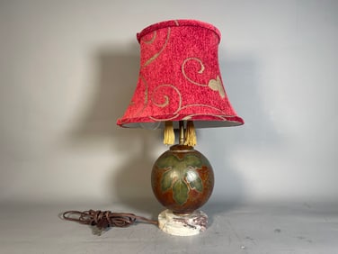 Signed Vintage Grape Design Bronze Cloisonne Enameled Spherical Table Lamp on Stand