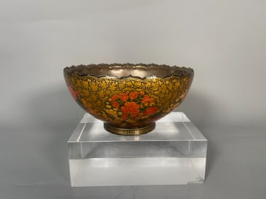 Antique Persian/Kashmir Hand-Painted Gold Lacquered & Brass Metal Trinket Dish Bowl