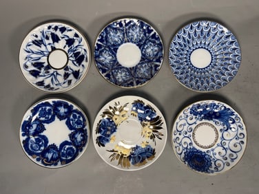 Group of 6 Vintage Hand-Painted Blue & White Gilt Porcelain Saucers, Made in USSR