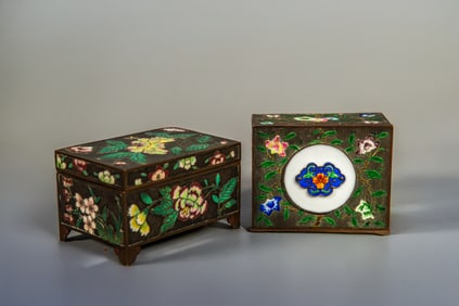 Two Finely Antique Chinese Copper Enamel Cloisonne Hinged Trinket Jewelry Boxes