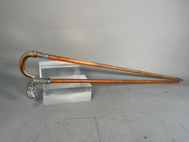 Two Vintage Wood Canes with Sterling Silver & Horn Carved Handle