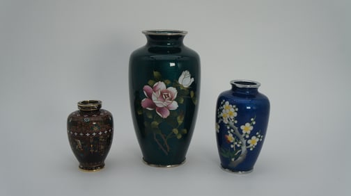 Three Stunning Japanese Vintage Ginbari Cloisonne Enamel Floral Vases