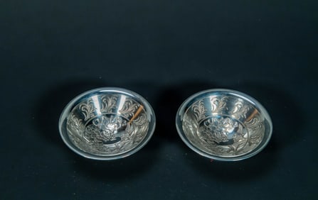 Pair of Vintage Chinese Silver Etched Wedding Dish Bowls Carving  with Flower & Birds