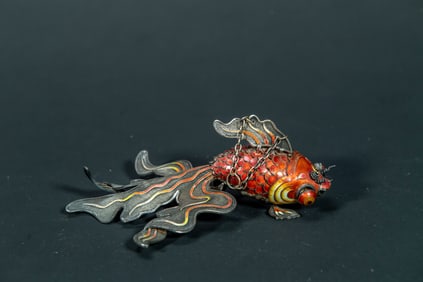 Exquisite Antique Asian Silver & Enameled Goldfish/Koi Fish with Silver Mark