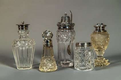 Group of 5 Vintage Cut Glass Bottles, Some with Sterling Silver Mark
