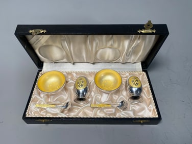 Vintage "Meka Denmark" Danish Enameled Sterling Silver Condiment Salt Cellars Pepper Pots & Salt