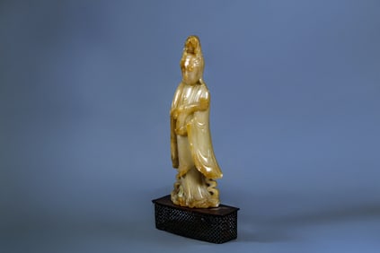 Antique Chinese Carved Hardstone Kuanyin Figurine Statue with Bronze Base