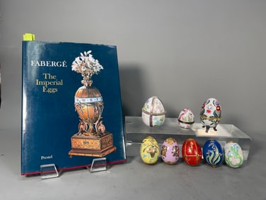 Group of 8 "TFM" Faberge Imperial Porcelain Jeweled Eggs, Trinket Egg Boxes & Book of "FABERGE The