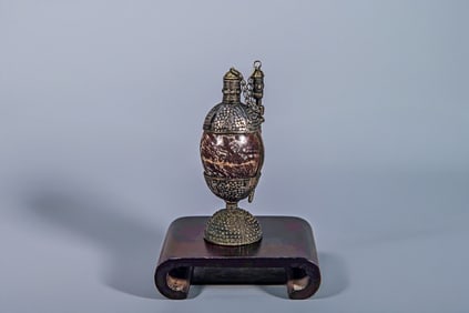 Rare Antique Hand-Made Silver & Natural Hard Stone Perfume or Medicine Bottle