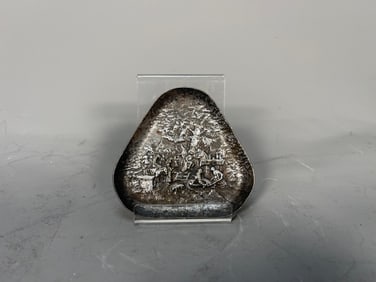 Antique Triangle Silver Dish or Ashtray with People in Village Scene