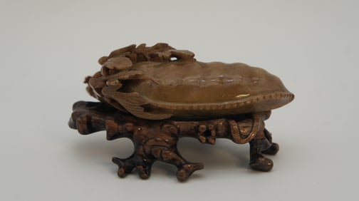 Vintage Chinese Hand-Carved Soapstone Pea & Leaf Shape Vase