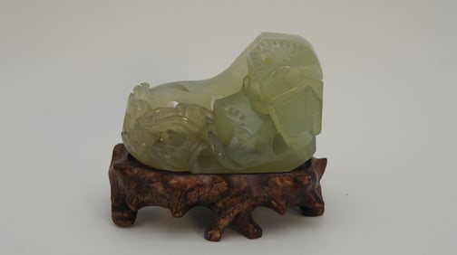 Vintage Chinese Natural Green Jade Carving Sculpture with Wooden Stand