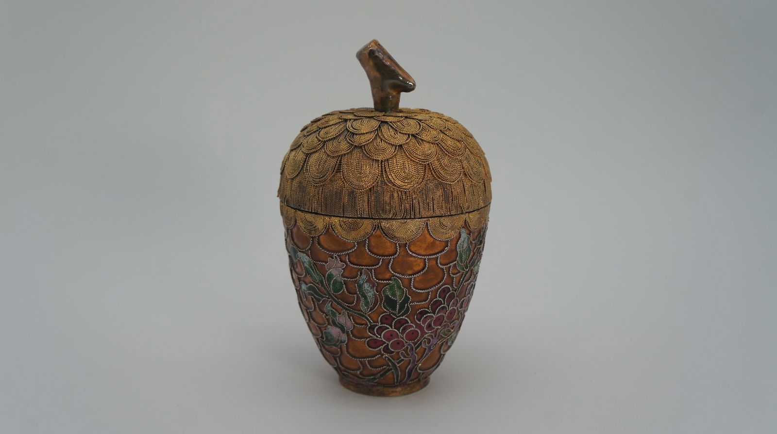 Stunning Vintage Golden Enameled Cloisonne Acorn Trinket Jar/Box (1 of 6)