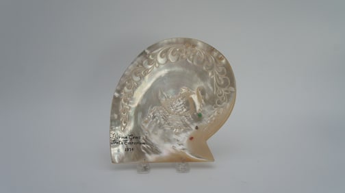 Amazing Vintage Engraving Natural Mother Of Pearl Shell Plate with Burma Gems