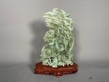 Large Vintage Chinese Hand-Carved Jade Ornate Fragment Birds in Tree Sculpture with Wooden Stand