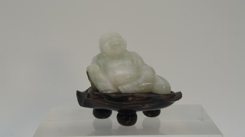 Lovely Antique Chinese Hand-Carved Jadeite Buddha Figurine Statue with Wooden Stand