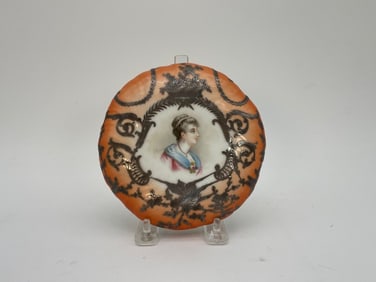 Rare Antique Hand-Painted Porcelain Round Portrait Plate with Silver Deco