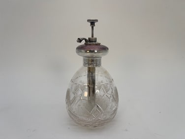 Antique Ornate Sterling Silver Purple Enamel & Cut Crystal Glass Scent Perfume Bottle
