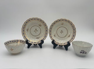 Four Antique Royal Crown Gold Reflect Porcelain Floral Saucers & Cups