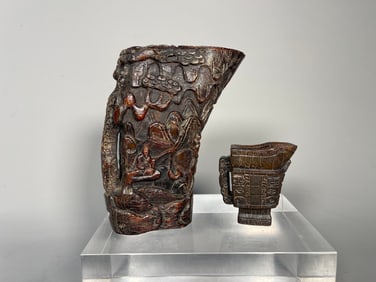 Two Old Antique Chinese Hand-Carved Horn Libation Vessels