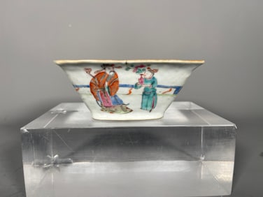 Antique Chinese Famille Rose Square Porcelain Bowl with Four Figures Scenes