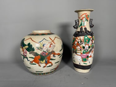 Two Antique Chinese Famille Verte Crackle Glaze Warriors Porcelain Ginger Jar & Vase