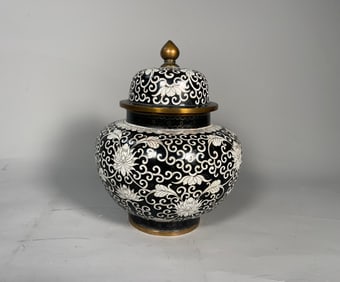 Antique Chinese Export Black & White Brass Walled Enamel Cloisonne Ginger Jar