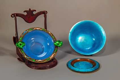 Set of 3 Antique Chinese Copper Enamel Ashtray, Bowl & Small Plate
