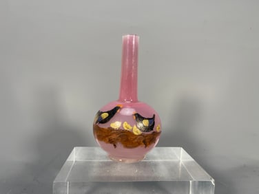 Rare Lovely old Antique Hand-Blown Pink Glass Flask Vase with Hand-Painted Chicken Family Scene