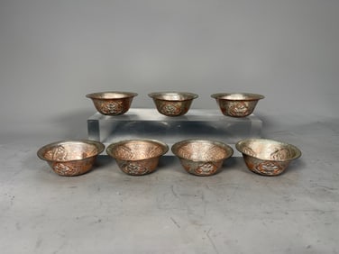 Lot of 7 Antique Tibetan Gilt & Silver Plate On Copper Offering Bowls