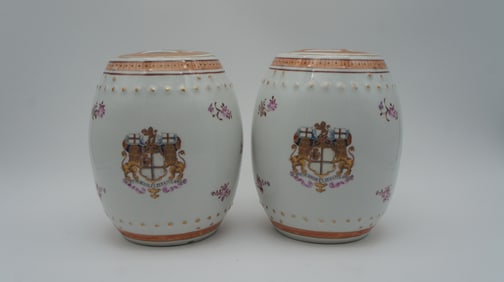 19th Century Pair of Fine Famille Rose Lidded Porcelain Ginger Jars by "Arms of British East India
