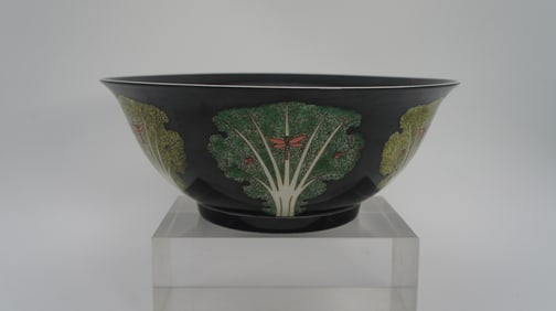Antique Chinese Black Glazed Famille Rose Porcelain Bowl, "Kangxi" Mark