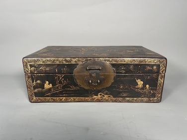 Antique Chinese Gold Hand-Painted Rectangular Black Leather Treasure Chest