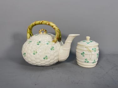 Two Exquisite Vintage Belleek Fermanagh Porcelain Classic Shamrock Tea Pot & Honey Pot