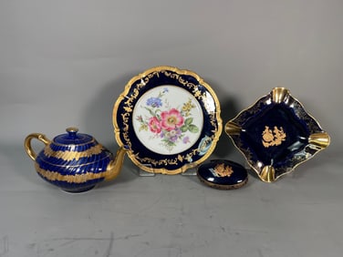 Lot of 4 Vintage Cobalt Blue & Gold Accents Porcelain Ashtray, Teapot, Floral Plate & Trinket Box