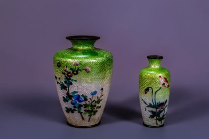 Two Antique Japanese Meiji Period Ginbari Cloisonne Vases with Mark