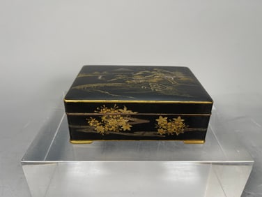 Signed Antique Japanese Meiji Period Brass Cigarette Case with Gold & Silver Inlay