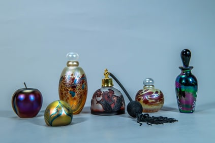 Group of 6 Vintage Art Glass Perfume Bottles & Peper Weights with Maker Signature