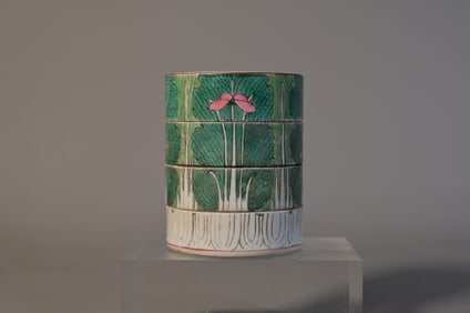 Antique Chinese Famille Rose Porcelain Four Tiered Stacking Jar w/Cabbage Pattern