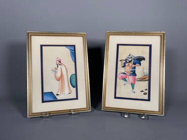 Set of Two Antique Framed Original Chinese Watercolor Hand-Painting Scholar & Warrior on Rice Paper