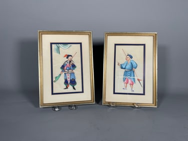 Set of Two Antique Framed Original Chinese Watercolor Hand-Painting Warriors on Rice Paper