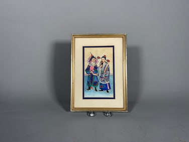 Old Antique Framed Original Chinese Watercolor Hand-Painting Officer on Rice Paper