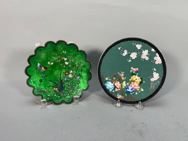 Two Exquisite Vintage Japanese Copper Enameled Floral Dish Plates