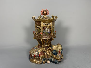 Stunning Vintage Asian Ceramic Hexagonal Pierced Incese Urn w/Elephant Base