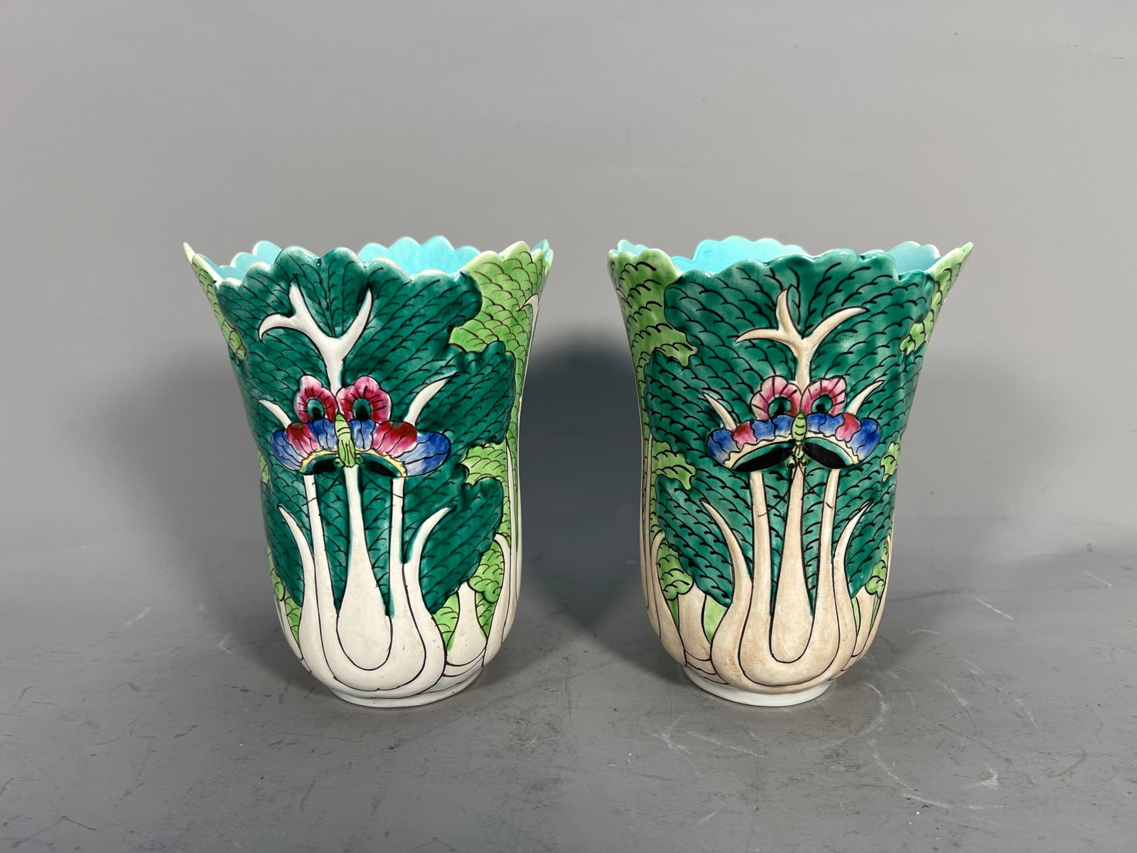 Two Antique Chinese Famille Rose Porcelain Cabbage Vases, Tongzhi Mark: Two Antique Chinese Famille Rose Porcelain Cabbage/Bok Choy & Butterfly Vases, Tongzhi Mark. Measutement: 6"H x 4"1/2W, In perfect condition, (Stand Not Included)