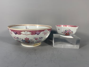 Two Antique Chinese Export Famille Rose Armorial Enamel Porcelain Punch Bowls